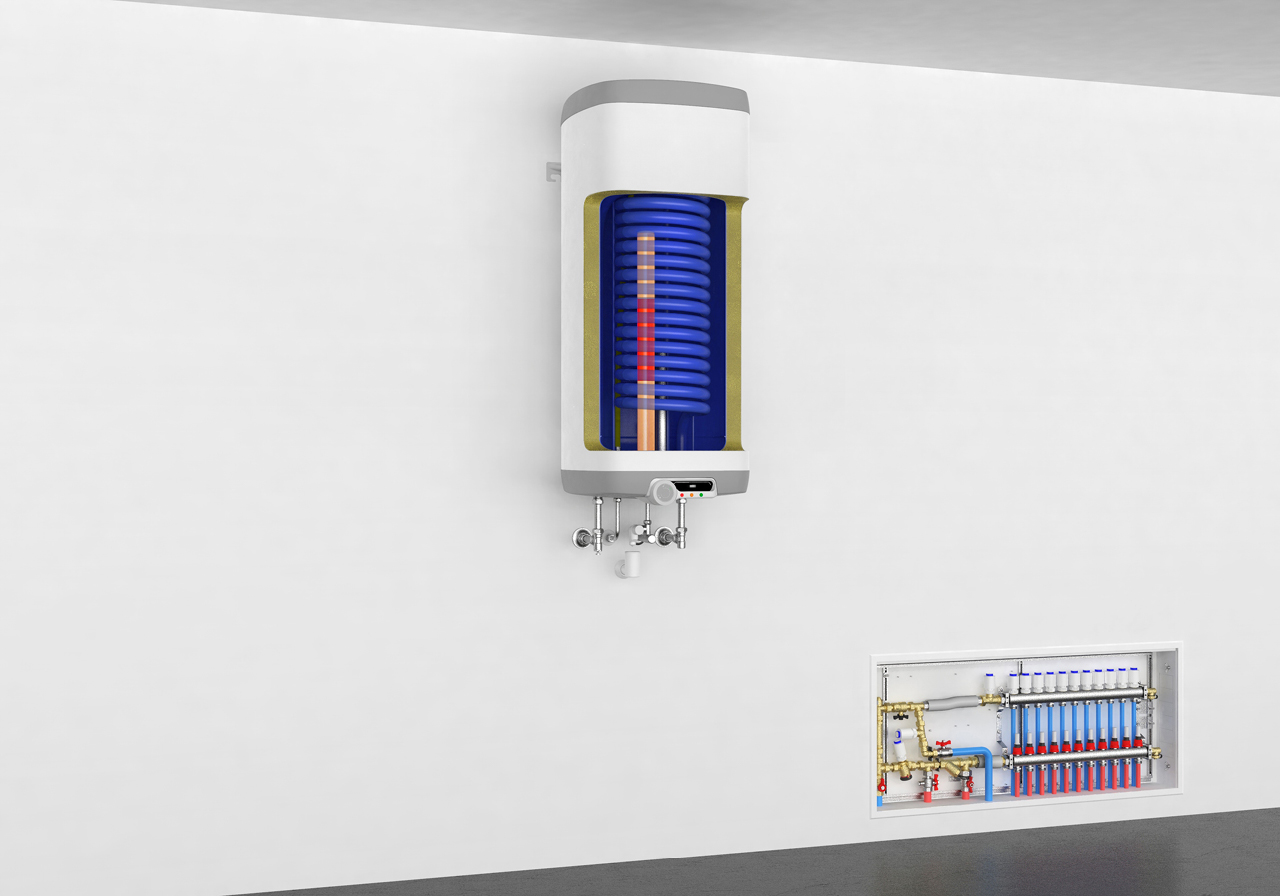 Die enerboxx Hybrid basic mit Hydraulikmodul, 3D-Rendering, in einem Raum; Wohnungsstation mit Warmwasserspeicher (enerboxx®) der Firma Pink GmbH in Langenwang