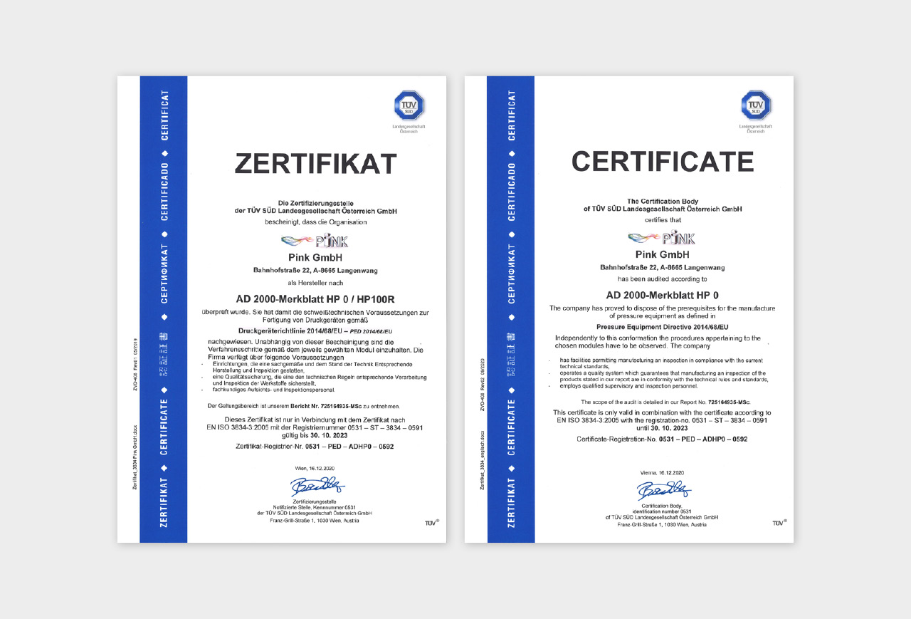 Zertifizierung nach AD2000-Merkblatt HP 0 / HP 100R